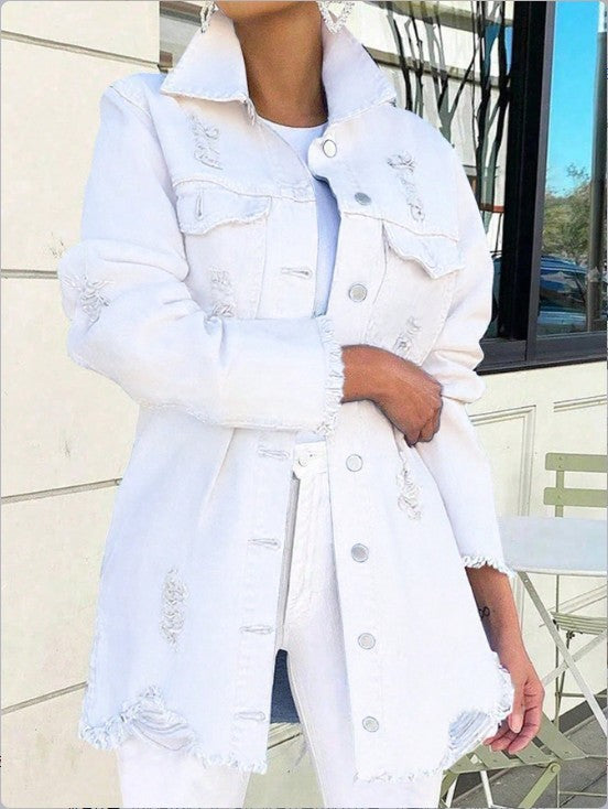 Damen Longline-Denimjacke mit Destroyed-Details und Fransenabschluss Echo Archiv