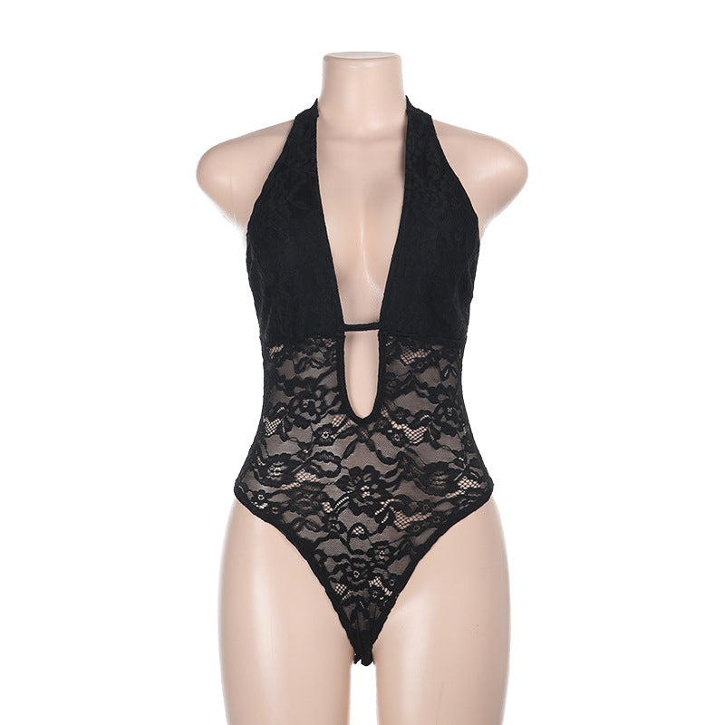 Damen eleganter Spitzenbadeanzug mit tiefem V-Ausschnitt und Rückenschlitz Echo Archiv