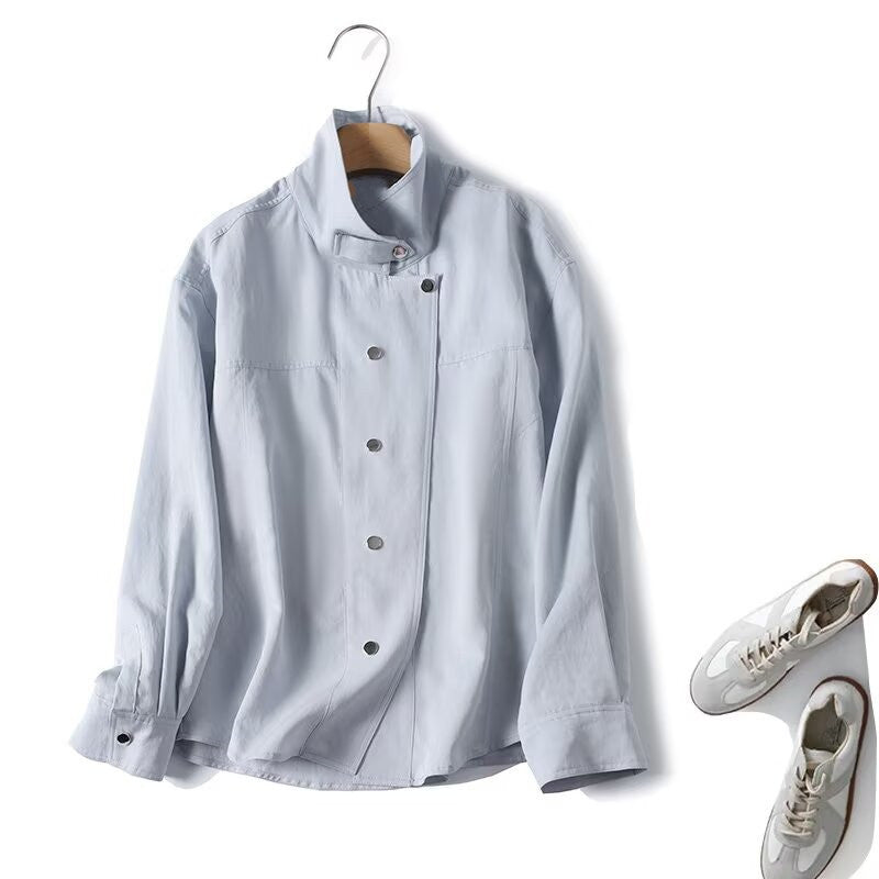 Damen Leichte Oversize-Blusenjacke mit Stehkragen und verdeckter Druckknopfleiste Echo Archiv