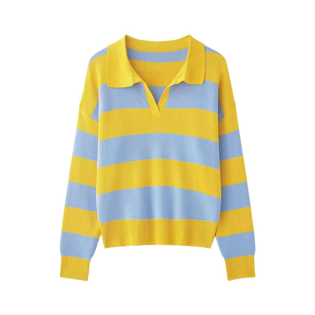 Damen nan gestreifter Rugby-Pullover mit Polokragen, V‑Ausschnitt und verlängerten Rippbündchen Echo Archiv