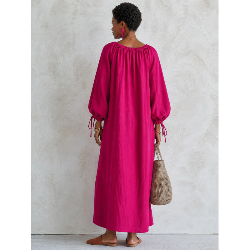Damen Luftiges Leinenoptik-Maxikleid mit Kordelkragen, Ballonärmeln und Eingrifftaschen – Valéora