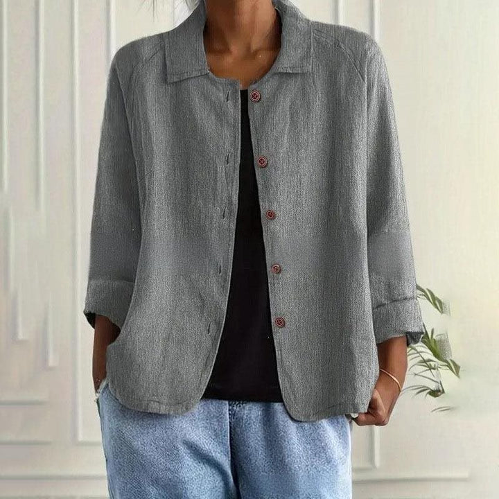 Damen Oversized Leinen-Hemdjacke mit Hemdkragen, 3/4-Ärmeln und durchgehender Knopfleiste Echo Archiv