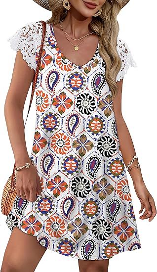 Damen Sommerkleid mit eleganten Spitzenärmeln und floralem Muster Echo Archiv