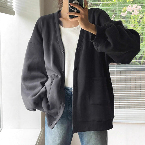 Damen Oversized Sweatcardigan mit Knopfleiste, aufgesetzten Taschen und überschnittener Schulter – Avérine