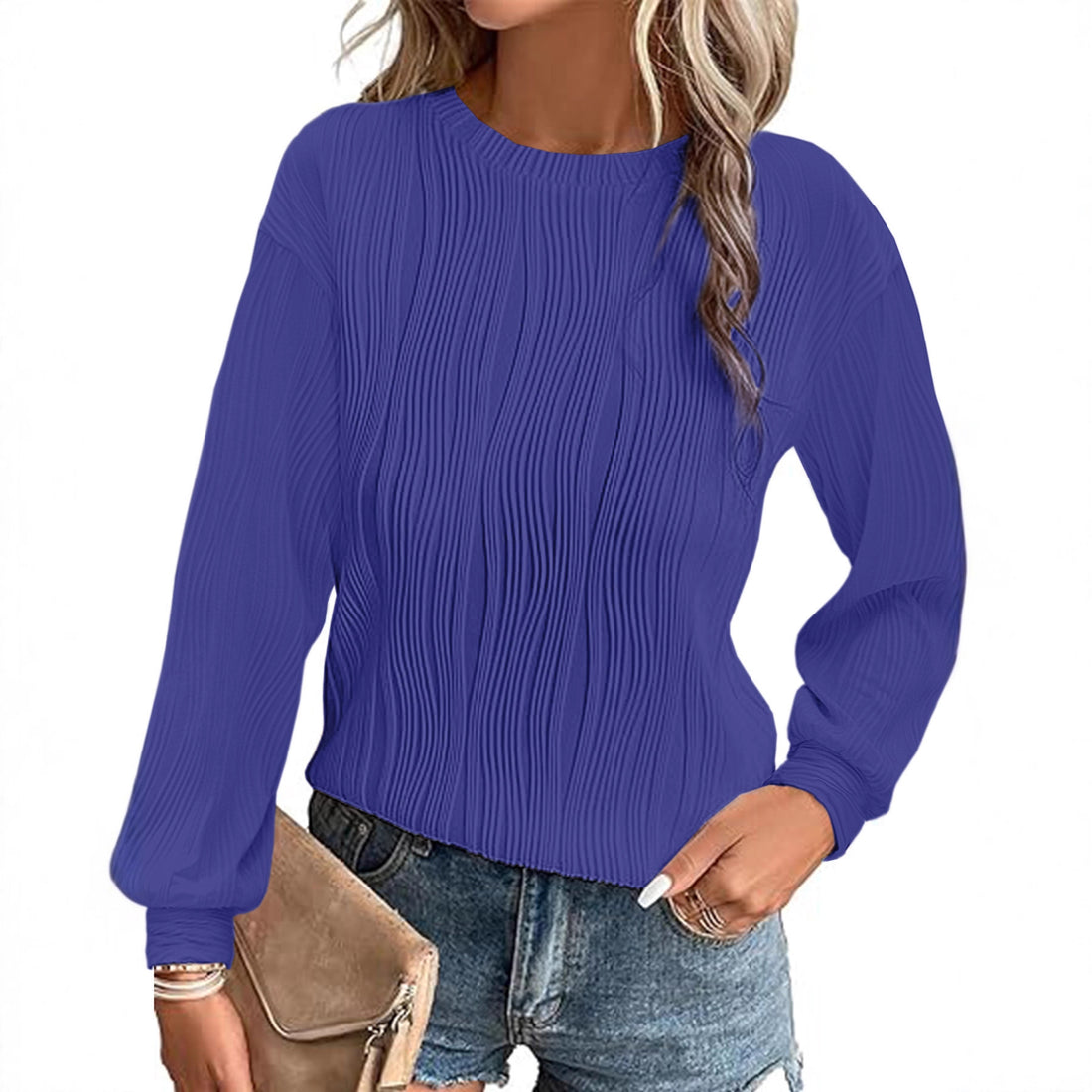 Damen Fein plissiertes Langarmshirt mit Rundhalsausschnitt und strukturierter Wellenoptik – Élovi