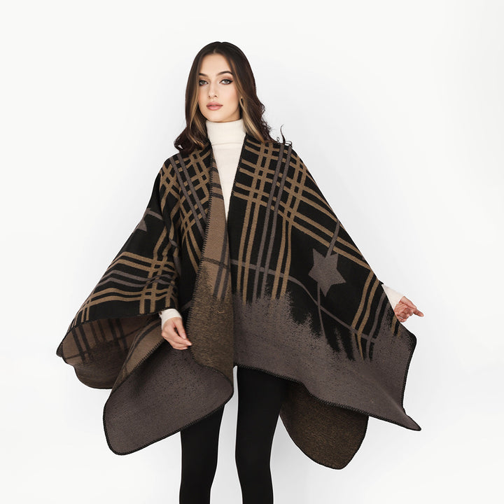 Damen Oversize-Capeponcho aus Wollmix mit Stern- und Karojacquard und weichfallendem Fall Echo Archiv