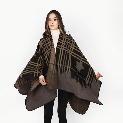 Damen Oversize-Capeponcho aus Wollmix mit Stern- und Karojacquard und weichfallendem Fall Echo Archiv