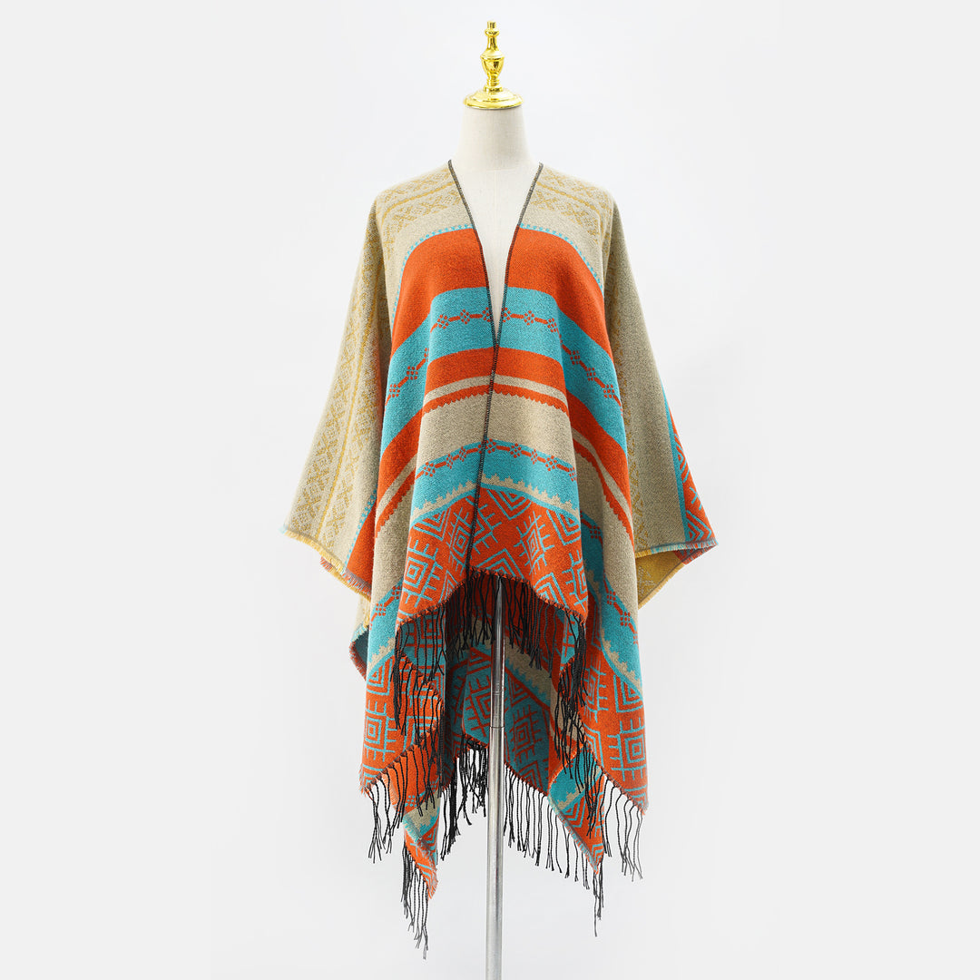 Damen Strukturiertes Webcape im Ethno-Jacquard mit Fransensaum Echo Archiv