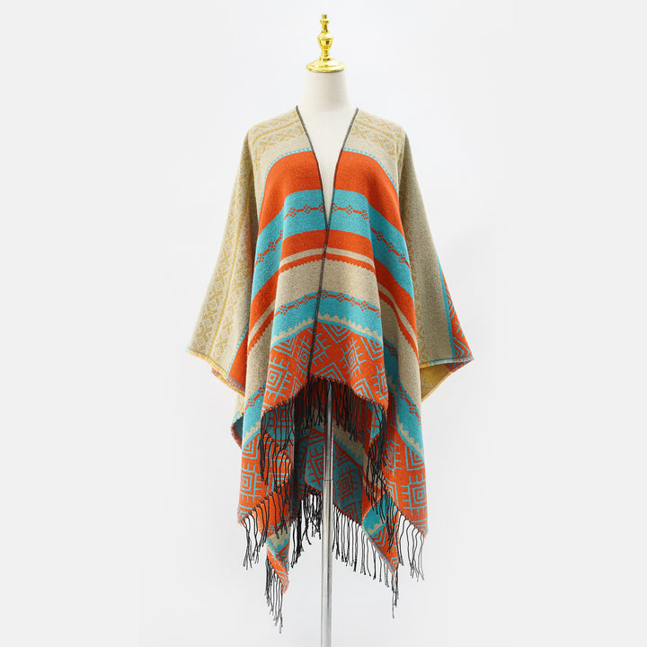 Damen Strukturiertes Webcape im Ethno-Jacquard mit Fransensaum Echo Archiv