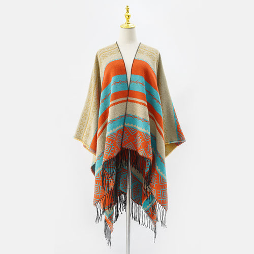 Damen Strukturiertes Webcape im Ethno-Jacquard mit Fransensaum Echo Archiv