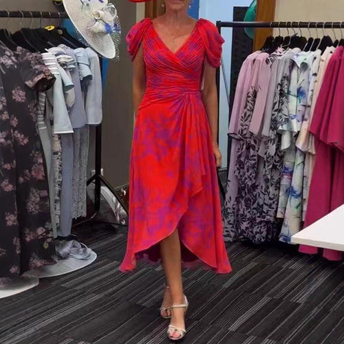 Damen nan festliches Chiffon-Midikleid mit gekreuztem V-Ausschnitt, taillenraffung und asymmetrischem Tulpenrock Echo Archiv