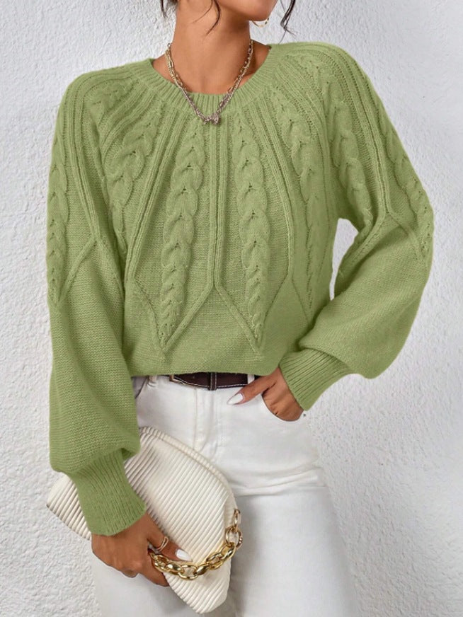 Damen nan kurzer Zopfmuster-Strickpullover mit Ballonärmeln und geripptem Saum Echo Archiv
