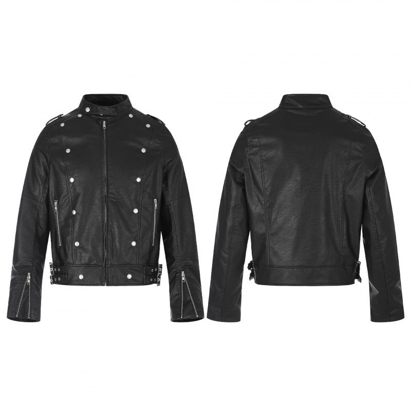 Unisex Kurz geschnittene Nieten-Lederjacke im Bikerstil mit Stehkragen, Reißverschlussärmeln und Taillenriemen Echo Archiv
