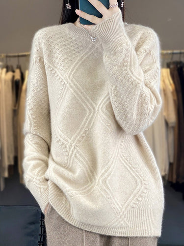 Damen Kuscheliger Mohair‑Look Oversize‑Pullover mit Rautenstruktur und Noppen‑Details Echoarchiv
