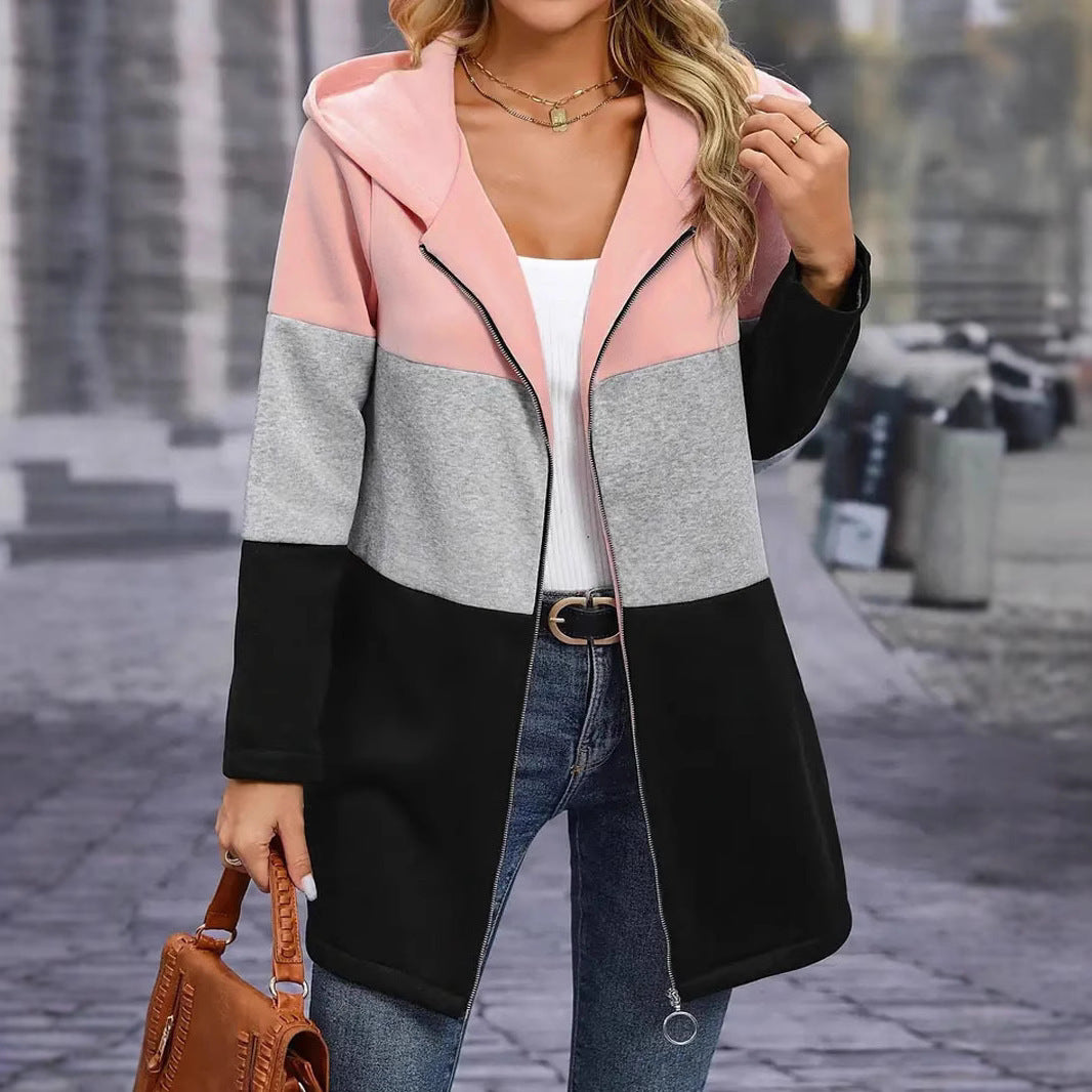 Damen Kapuzen-Farbblock-Mantel mit durchgehendem Reißverschluss, oversized Schnitt und mittellanger Silhouette – Célinea
