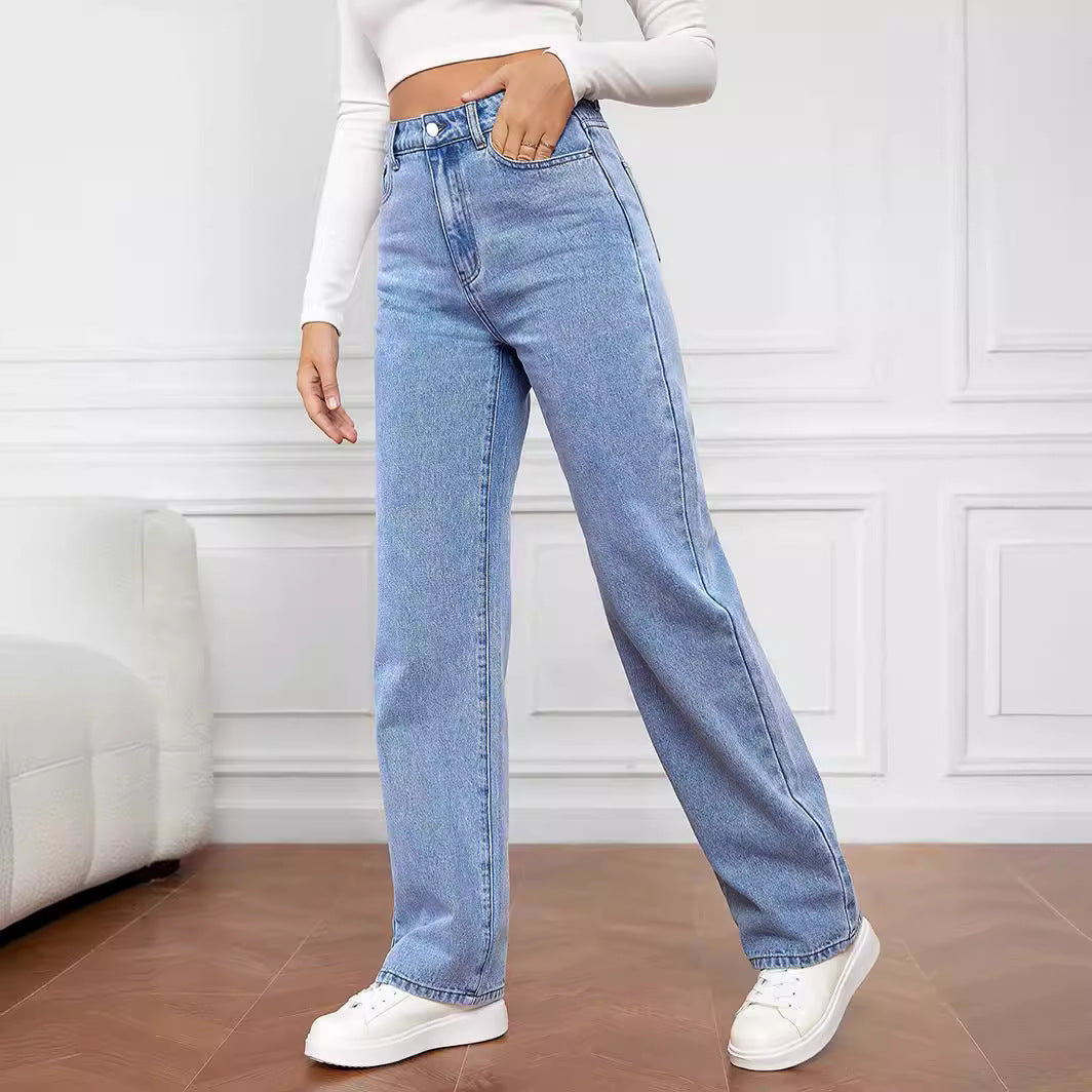Damen nan hochgeschnittene weite Denimjeans mit geradem Bein und elastischem Bund Echo Archiv