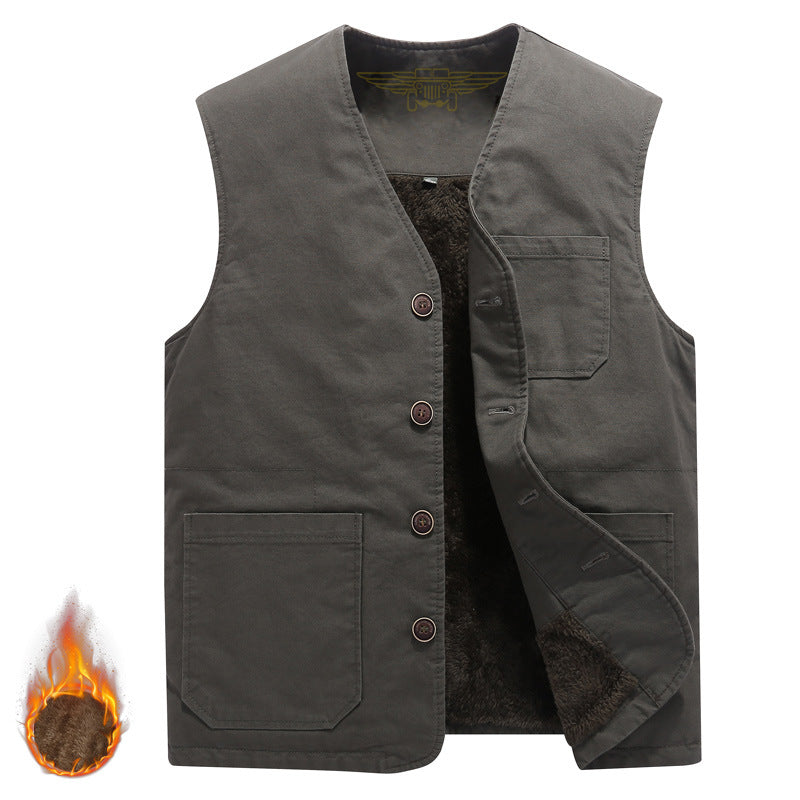 Herren Robuste Thermo-Canvas‑Weste mit wärmendem Teddyfutter und Knopfverschluss Echoarchiv