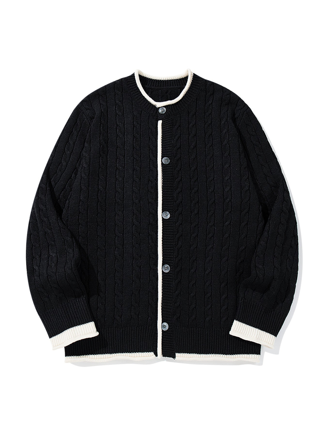 Unisex Kabelstrick-Cardigan mit Rundhals, kontrastierten Bündchen und durchgehender Knopfleiste Echoarchiv