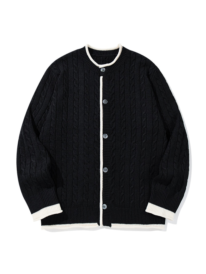 Unisex Kabelstrick-Cardigan mit Rundhals, kontrastierten Bündchen und durchgehender Knopfleiste Echoarchiv
