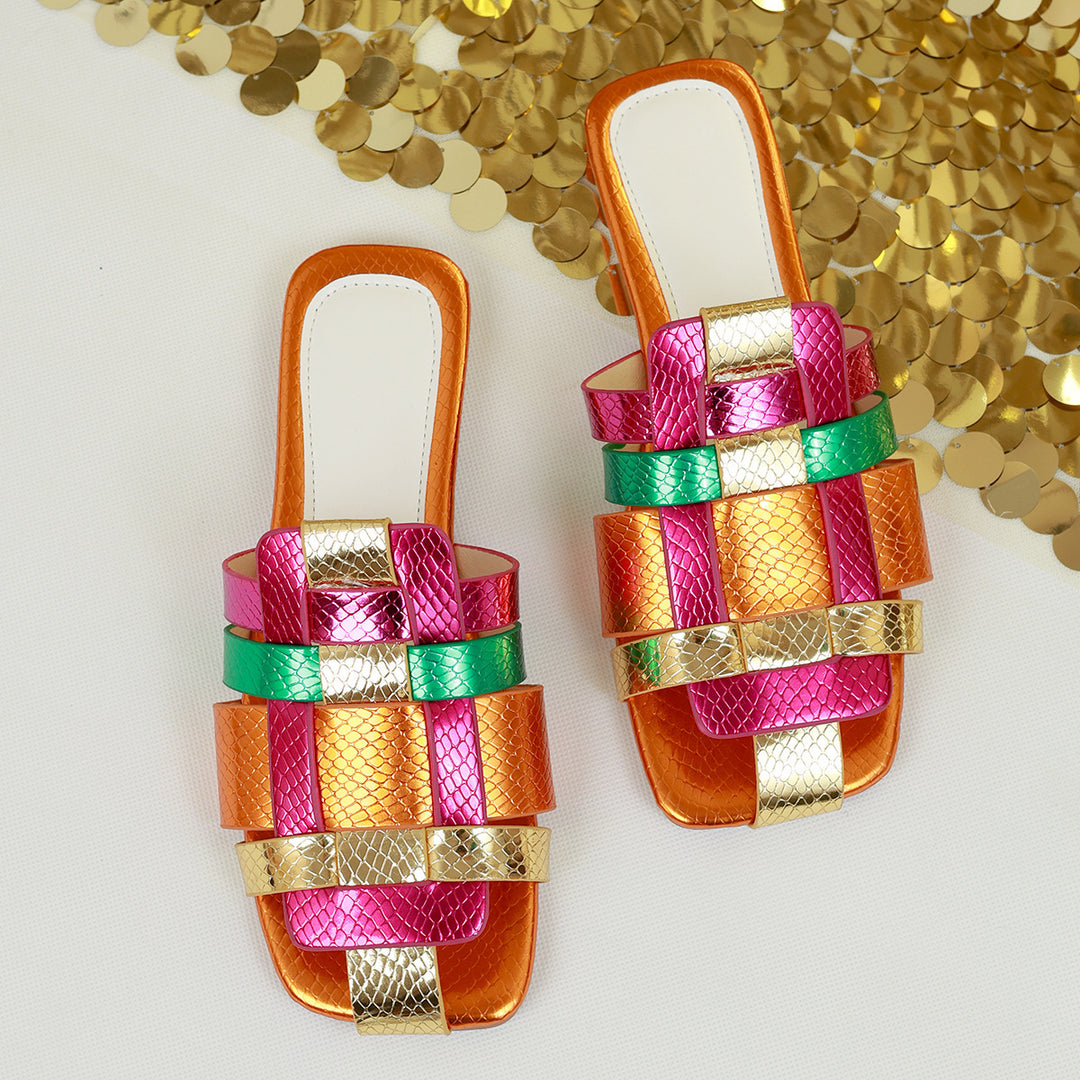 Damen nan moderne Riemen-Slipper mit geflochtenem Mehrlagen-Design und Schlangenprägung Echo Archiv