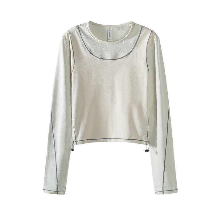 Damen Leichtes cropped Layering-Longsleeve mit Mesh-Ärmeln, Kontrastnähten und Kordelzug Echoarchiv