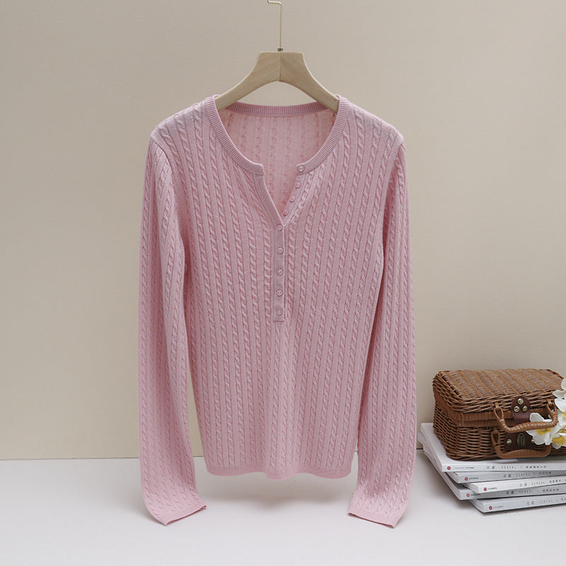 Damen Feines Zopfmuster-Henley-Feinstrickshirt mit Rundhals & Knopfleiste Echo Archiv
