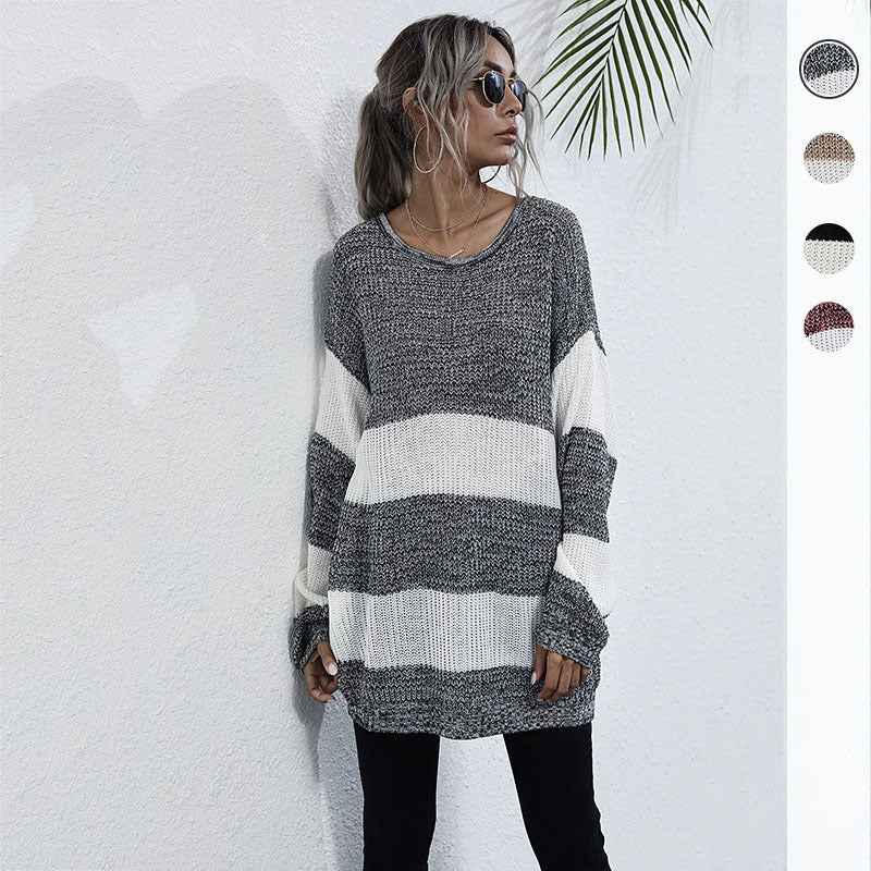Damen Oversize Longpullover mit Blockstreifen und Rundhalsausschnitt Echoarchiv
