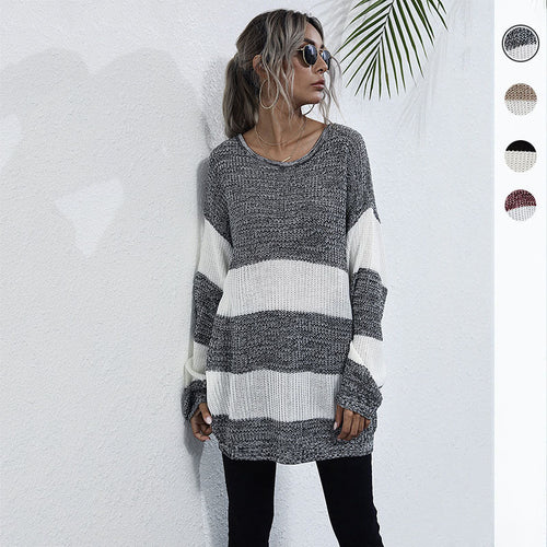 Damen Oversize Longpullover mit Blockstreifen und Rundhalsausschnitt Echoarchiv