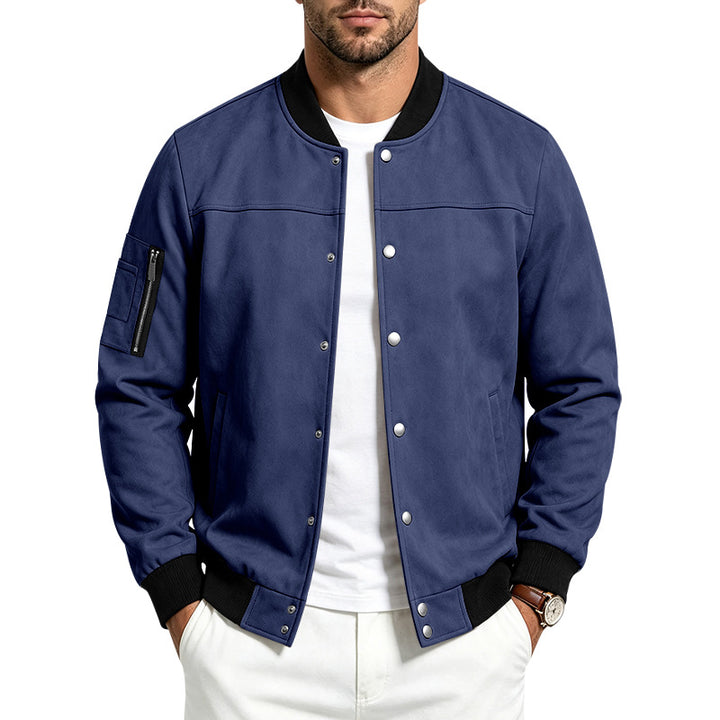 Herren Veloursleder‑Optik Bomberjacke mit Druckknopfleiste, Ärmeltasche und Rippbündchen – Brevano