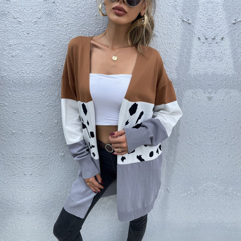 Damen Offene Longcardigan im Blockdesign mit Animal‑Intarsien und gerippten Abschlüssen Echoarchiv
