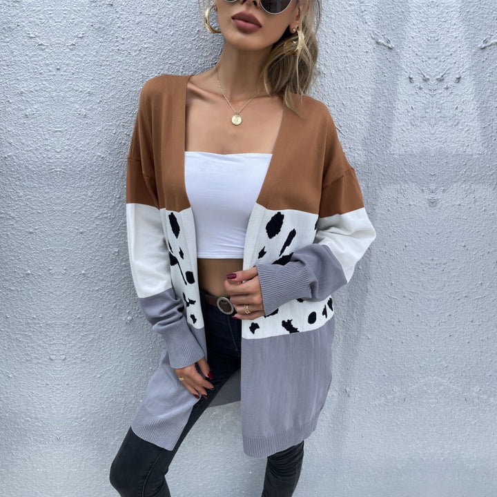 Damen Offene Longcardigan im Blockdesign mit Animal‑Intarsien und gerippten Abschlüssen Echoarchiv