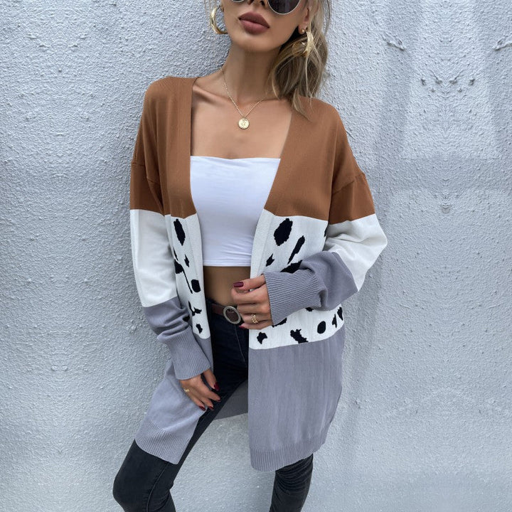 Damen Langer Offener Cardigan mit Colorblock und Dalmatiner-Jacquard Echoarchiv