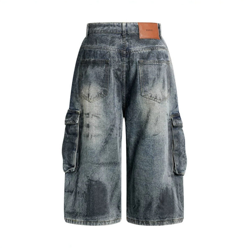 Damen High-Waist Denim-Cargo-Culotte mit weiten Beinen und aufgesetzten Taschen Echoarchiv