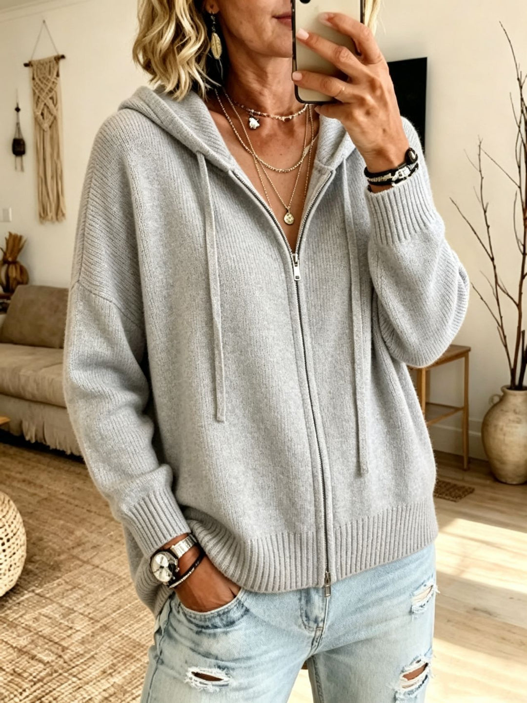 Damen Grobgestrickter Zip‑Hoodie‑Cardigan mit Oversize‑Passform und gerippten Bündchen – Auréline