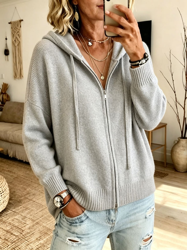 Damen Grobgestrickter Zip‑Hoodie‑Cardigan mit Oversize‑Passform und gerippten Bündchen – Auréline