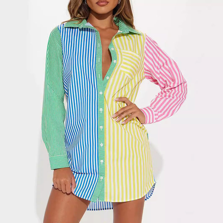 Damen Oversize Hemdblusenkleid mit mehrfarbigem Streifenblock – Avérine