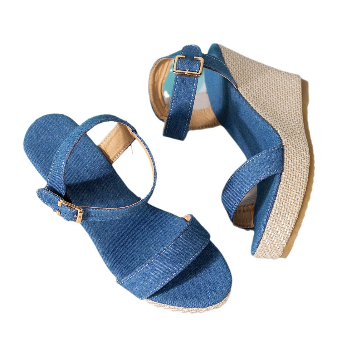 Damen nan Jeansriemen-Espadrille mit verstellbarem Knöchelriemen und geflochtenem Keilabsatz Echo Archiv