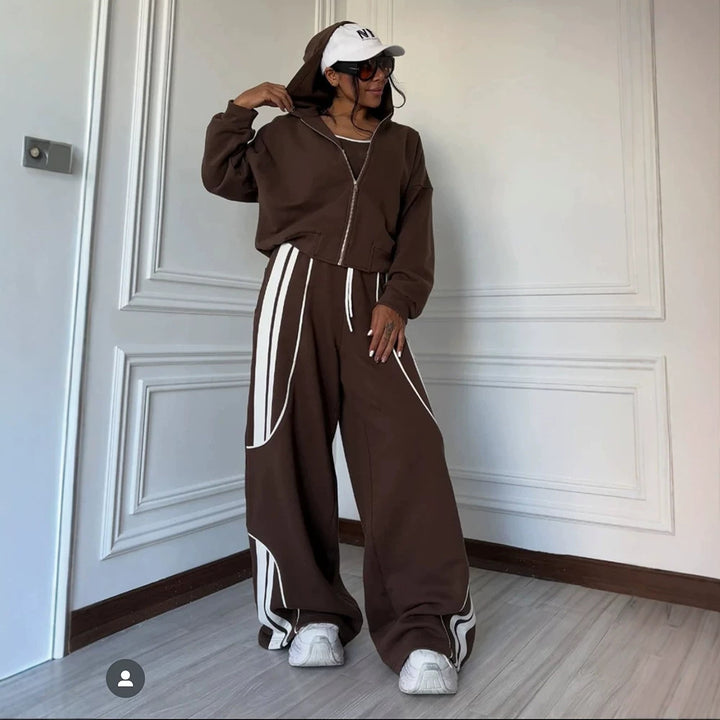 Damen Oversize Kapuzen-Sweatjacke mit Reißverschluss und weitem Trackpant-Set – Auréline