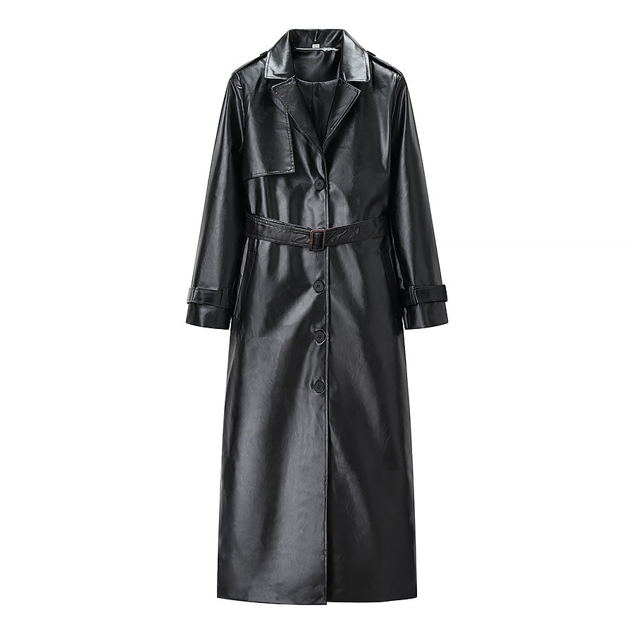 Damen Langer Trenchcoat aus Lederoptik mit Bindegürtel und Epauletten Echo Archiv