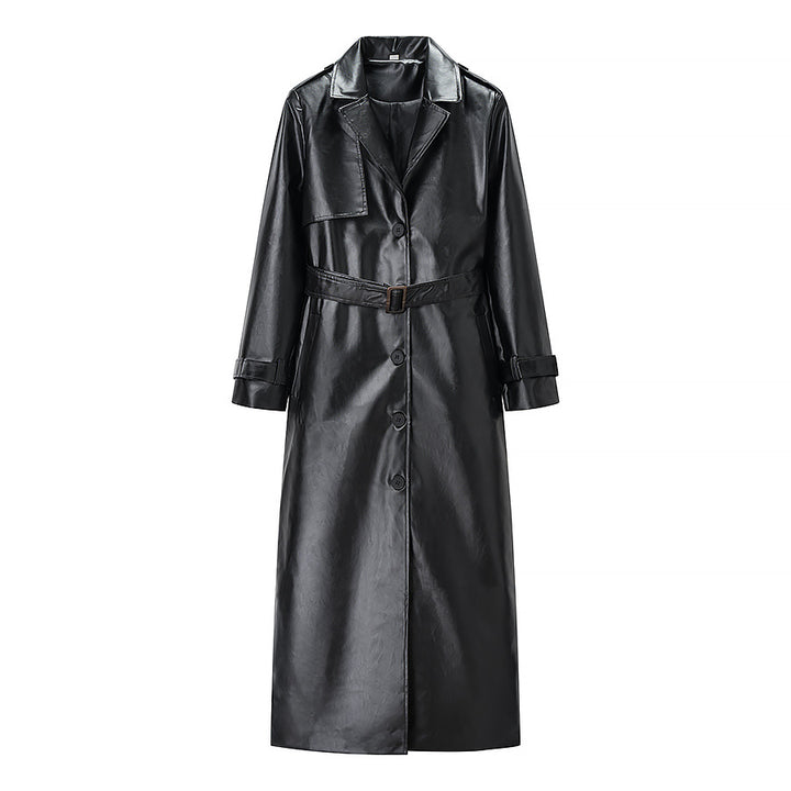Damen Langer Trenchcoat aus Lederoptik mit Bindegürtel und Epauletten Echo Archiv