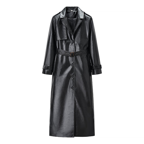 Damen Langer Trenchcoat aus Lederoptik mit Bindegürtel und Epauletten Echo Archiv