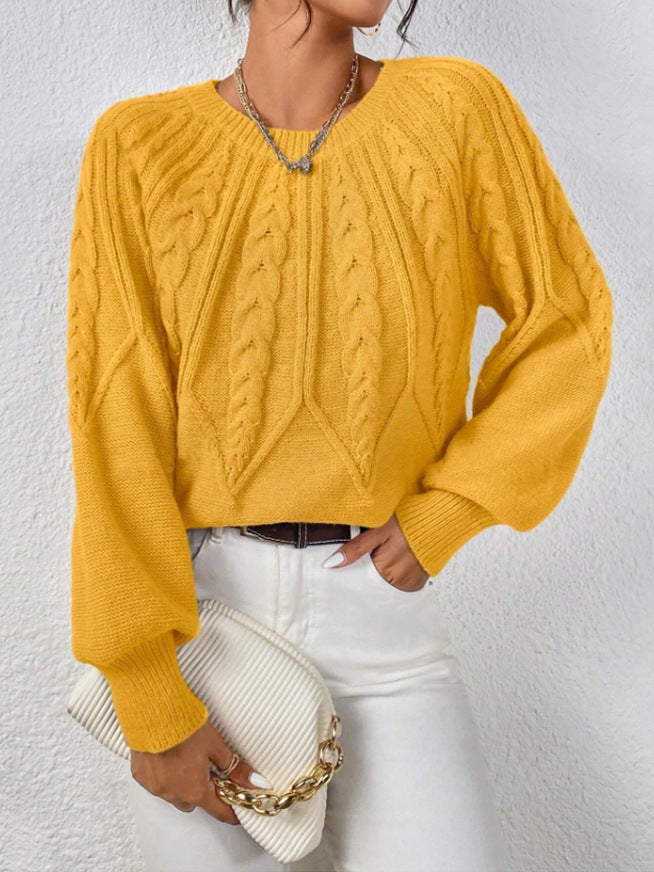 Damen nan kurzer Zopfmuster-Strickpullover mit Ballonärmeln und geripptem Saum Echo Archiv