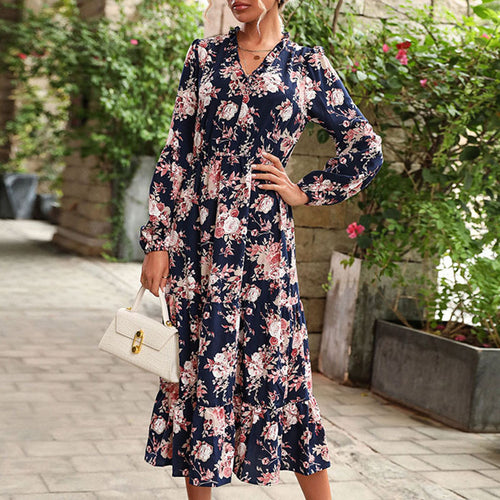 Damen Blumiges Viskose-Midikleid mit V‑Ausschnitt, Taillennaht und Stufenrock – Élara