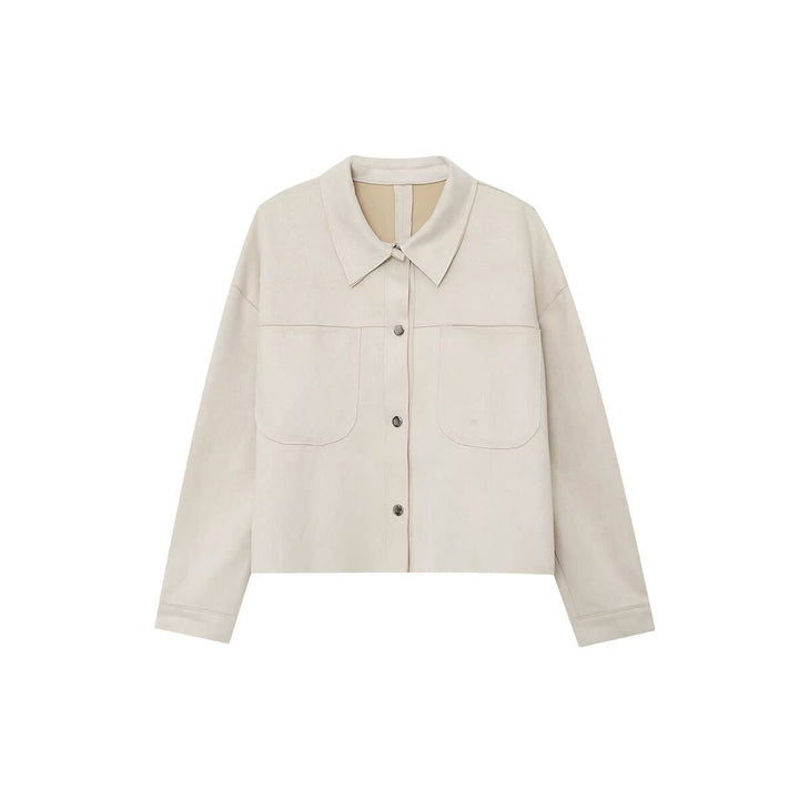 Damen kurz geschnittene Overshirt-Jacke aus strukturiertem Canvas mit aufgesetzten Brusttaschen – Célinea