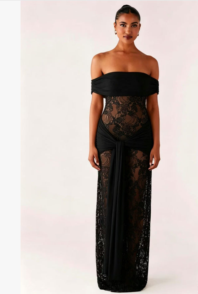 Damen Elegant drapiertes Spitzenkleid mit off-shoulder Design Echo Archiv
