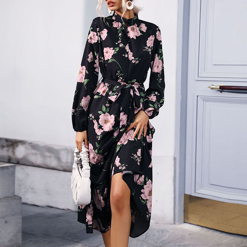Damen Elegantes Blumen-Maxikleid mit Rüschen und Gürtel Echo Archiv