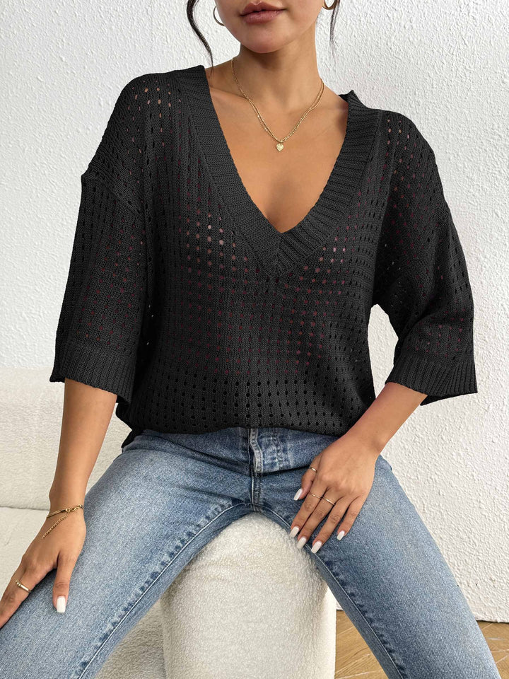 Damen luftiger Strickpullover mit V-Ausschnitt und dekorativem Lochmuster Echo Archiv