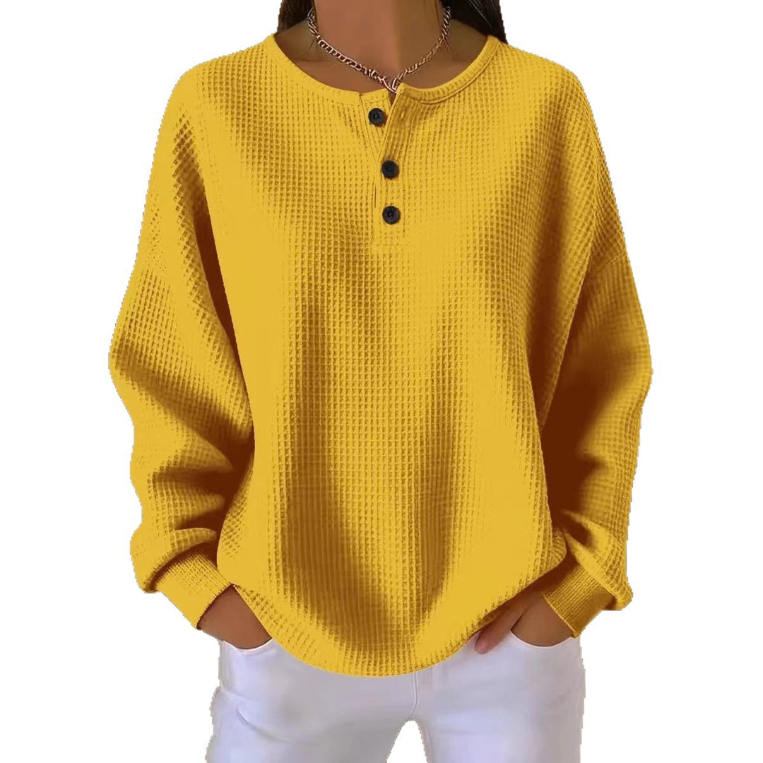 Damen Oversize Waffelstrick-Henleyshirt mit Knopfleiste und Rundhalsausschnitt Echoarchiv