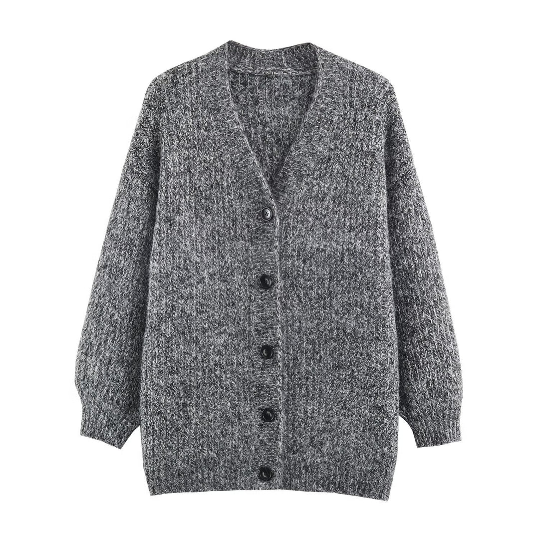 Damen Oversized Grobstrick-Cardigan mit tiefem V-Ausschnitt, Rippenstruktur und Ballonärmeln Echoarchiv