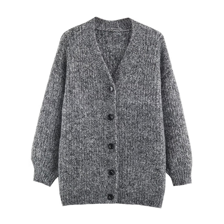 Damen Oversized Grobstrick-Cardigan mit tiefem V-Ausschnitt, Rippenstruktur und Ballonärmeln Echoarchiv
